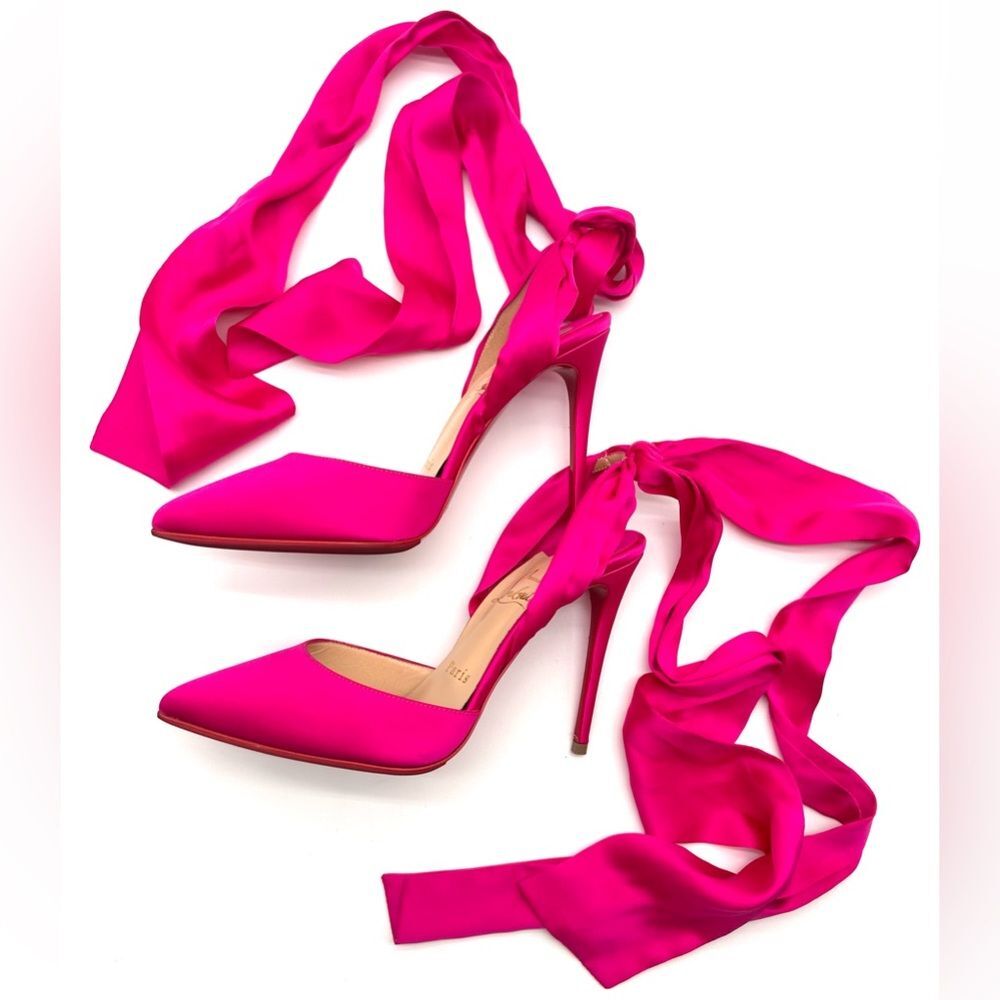 CHRISTIAN LOUBOUTIN Satin Douce Du Desert 100 Heels Rose Pink Ankle Tie EU37 US7 - Picture 4 of 16